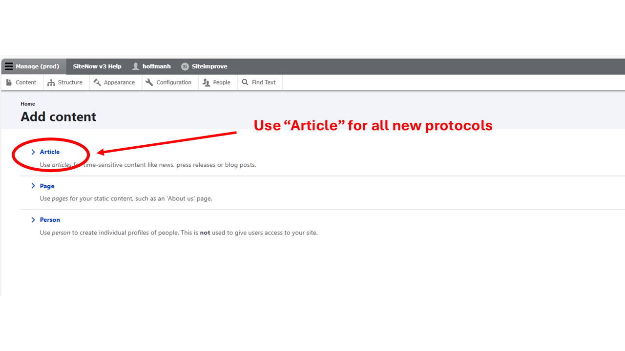 select 'article' to create new protocol