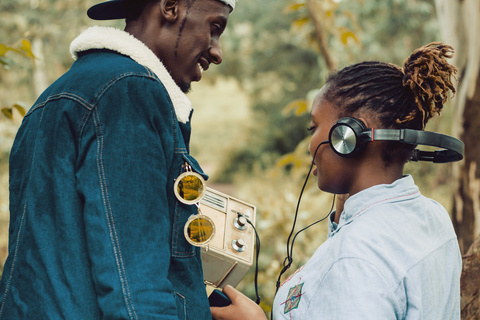 Couple listening to headphones
