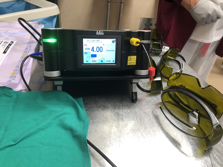 Blue Light laser with eye protection in the operating room